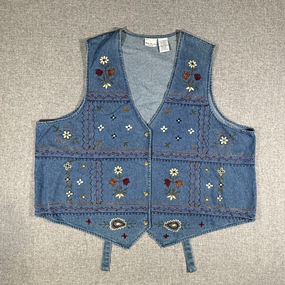 VTG Bobbie Brooks Denim Vest Women 22W/24W Embroidered Floral Cottagecore Granny